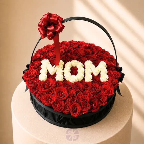 Grand 100-Rose Personalized "MOM" Premium Gift Basket with Red & White Roses