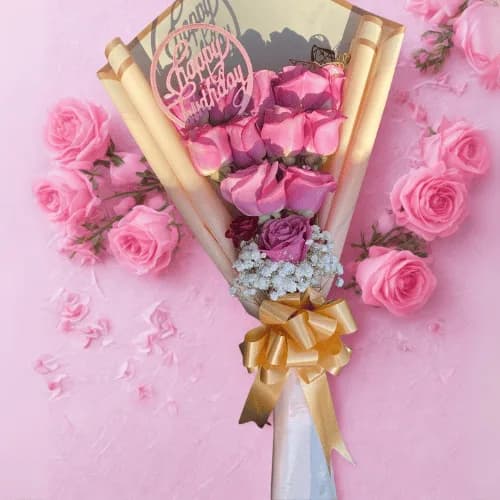 Pink Rose Bouquet with Topper & Golden Wrap