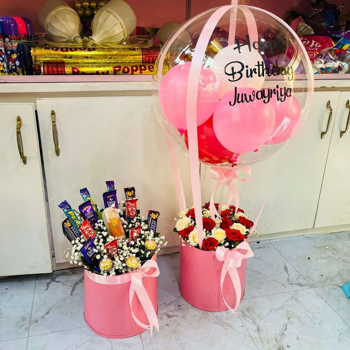 The Celebration Lift Personalized Balloon, Rose & Chocolate Bucket Combo