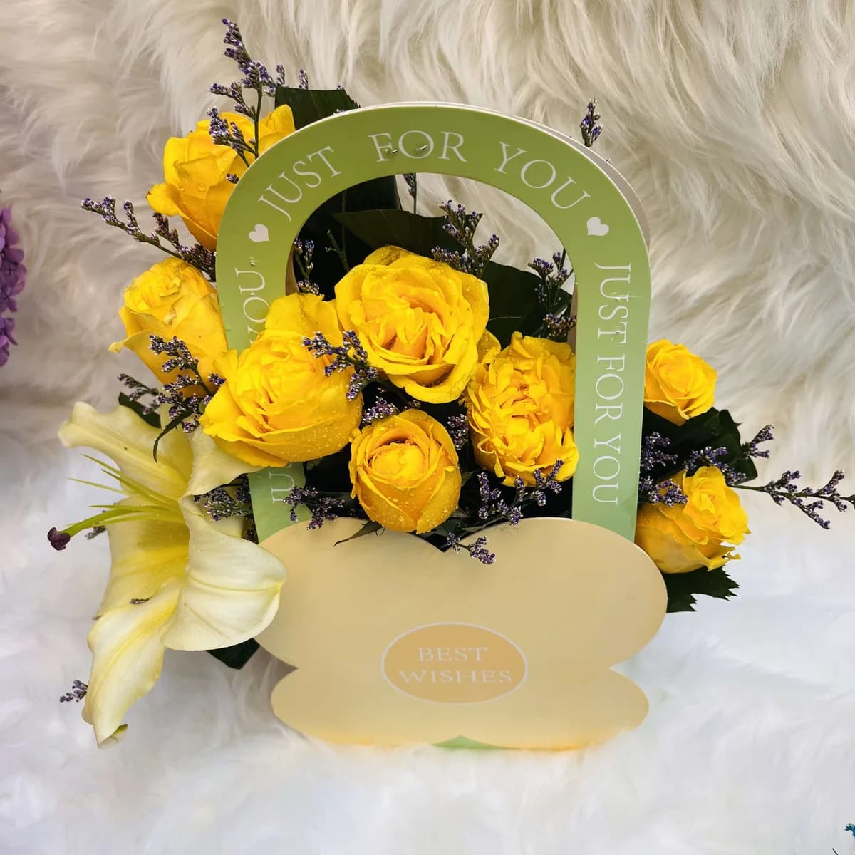 Yellow Lily & Rose Arrangement in Flower-Shaped Hanging Bag