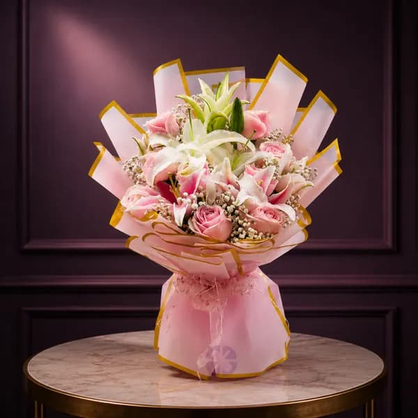 Premium Pink & White Lily with Pink Rose Stand Bouquet