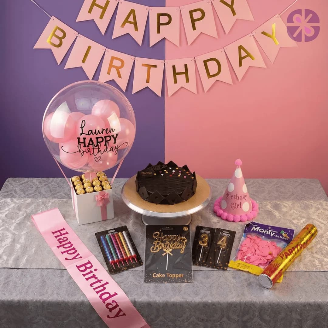 Ultimate Birthday Kit Personalized Pink Balloon Box, Cake & Party Combo