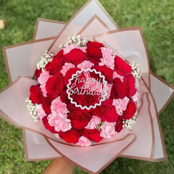 Elegant Birthday Flower Bouquet with Red Roses & Pink Carnations