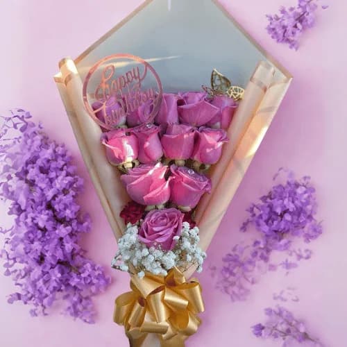 Pink Rose Bouquet with Topper & Golden Wrap