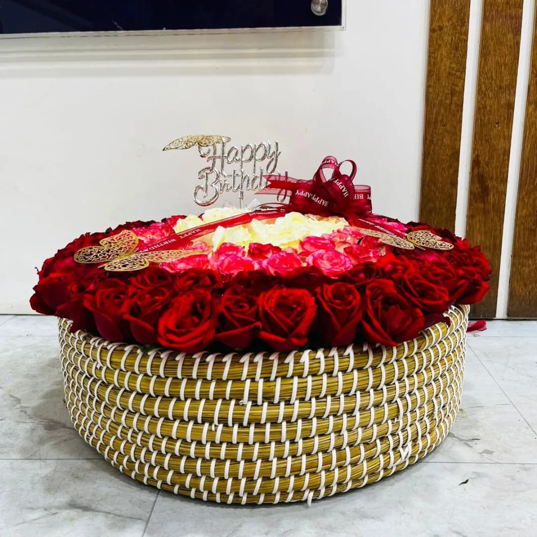 Premium Red, Shade Pink & White Rose Round Basket
