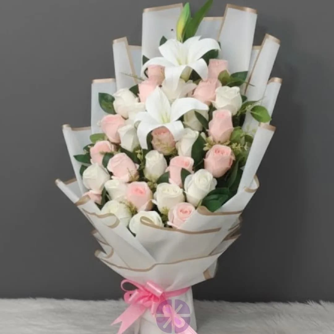 Everlasting Elegance Pink & White Rose Lily Artificial Stand Bouquet