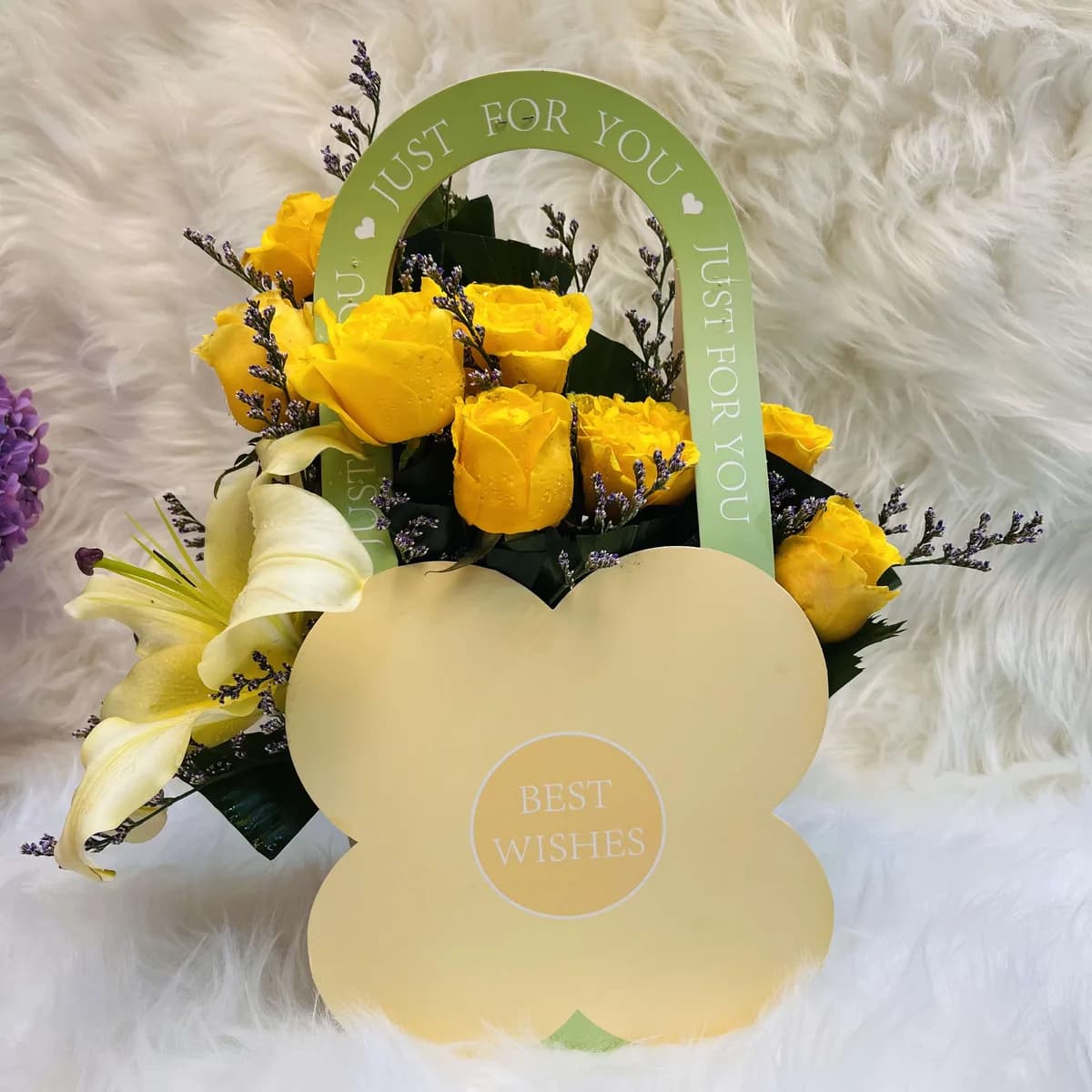 Yellow Lily & Rose Arrangement in Flower-Shaped Hanging Bag