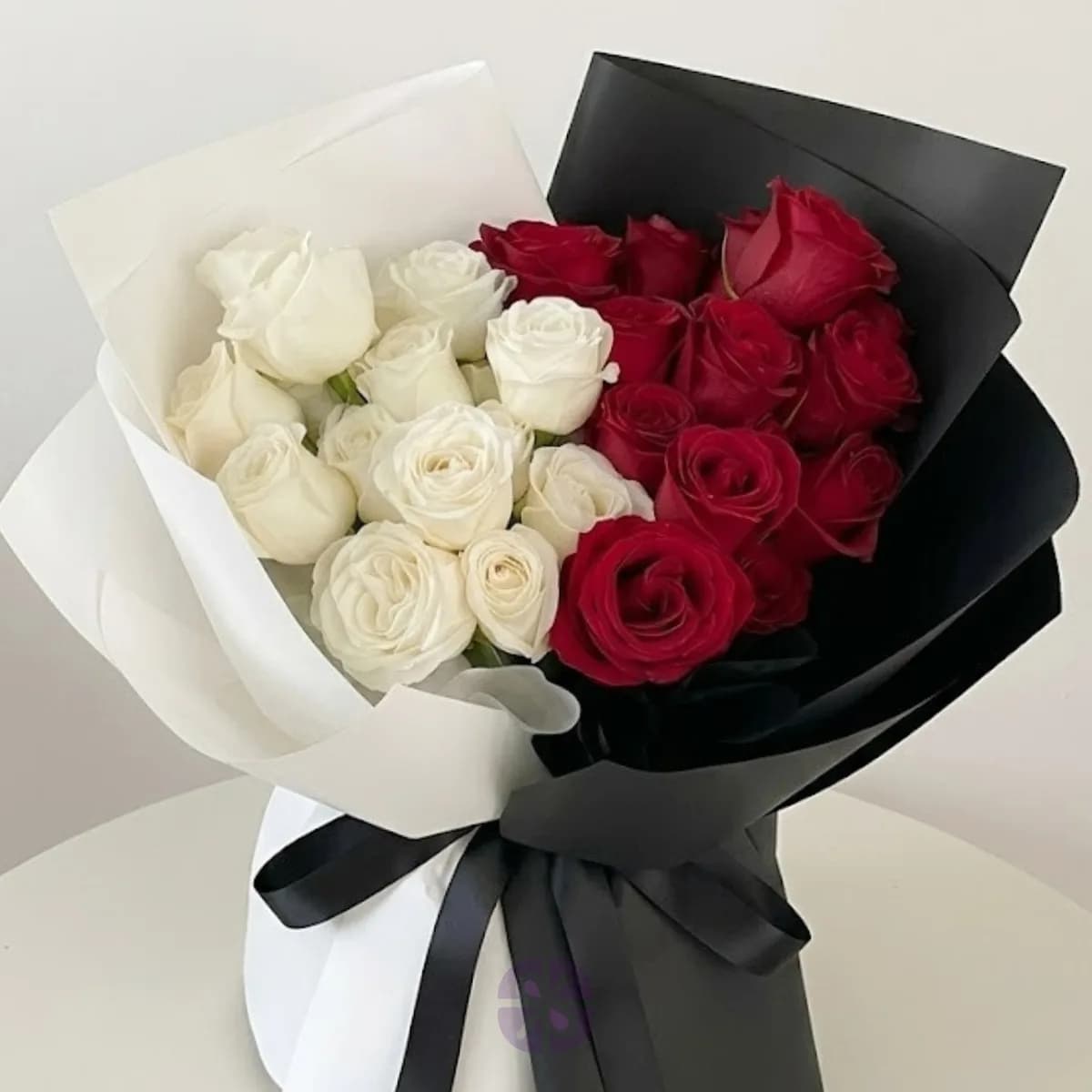 24 Chinese Rose Stand Bouquet Red & White Symmetry in Monochrome Wrap