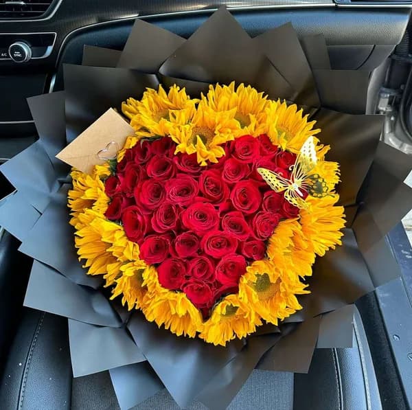 Sunflower & Red Rose Heart Bouquet with Butterfly