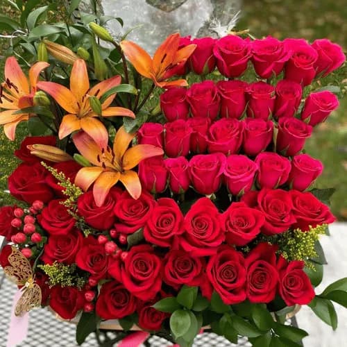 Premium Red Rose Basket Arrangement with Lilies & Greenery