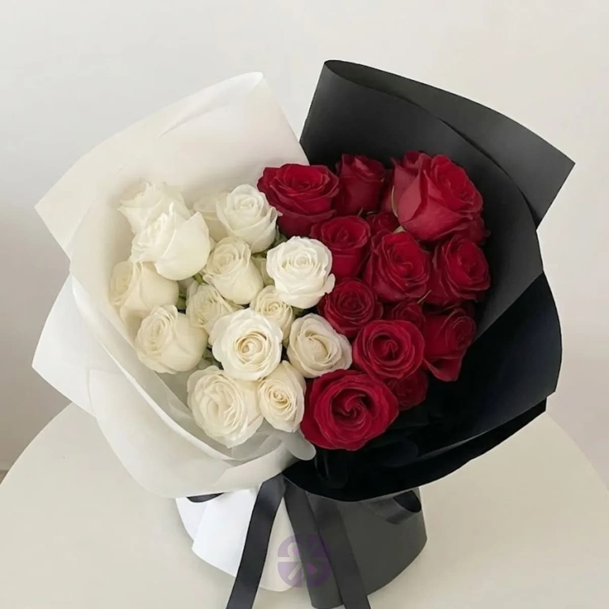 24 Chinese Rose Stand Bouquet Red & White Symmetry in Monochrome Wrap