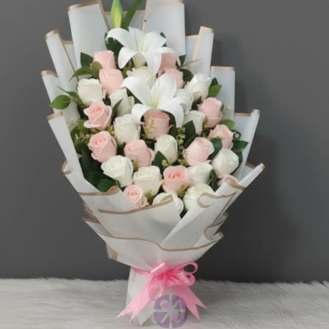 Everlasting Elegance Pink & White Rose Lily Artificial Stand Bouquet