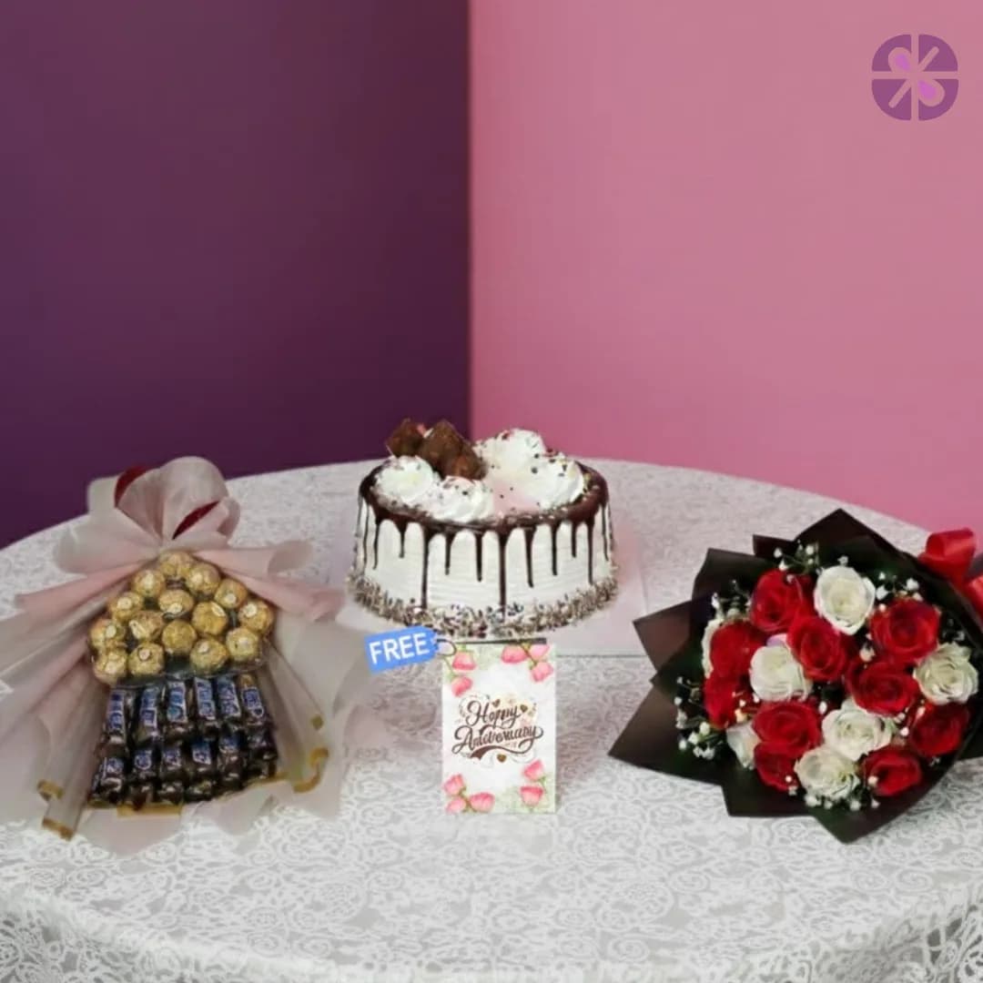 Classic Indulgence Fresh Rose Bouquet, Chocolate Bouquet & Cake Combo