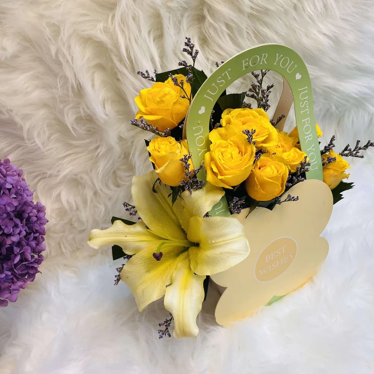 Yellow Lily & Rose Arrangement in Flower-Shaped Hanging Bag
