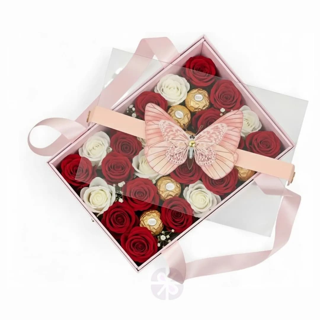 Red and White Rose with Ferrero Rocher in Luxury Pink Butterfly Box