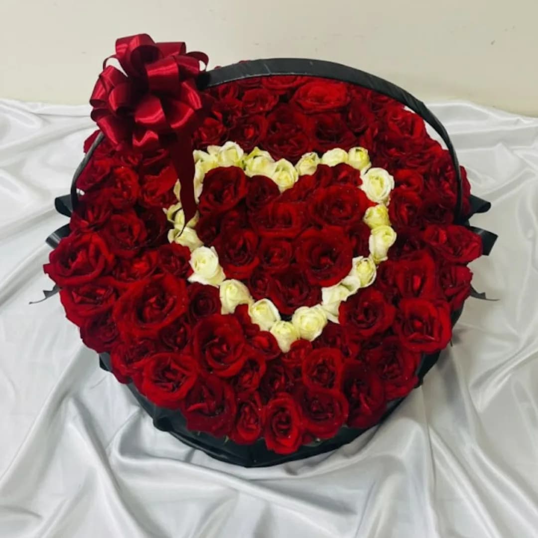 100 Premium Red Rose Heart Shape Black Basket Arrangement
