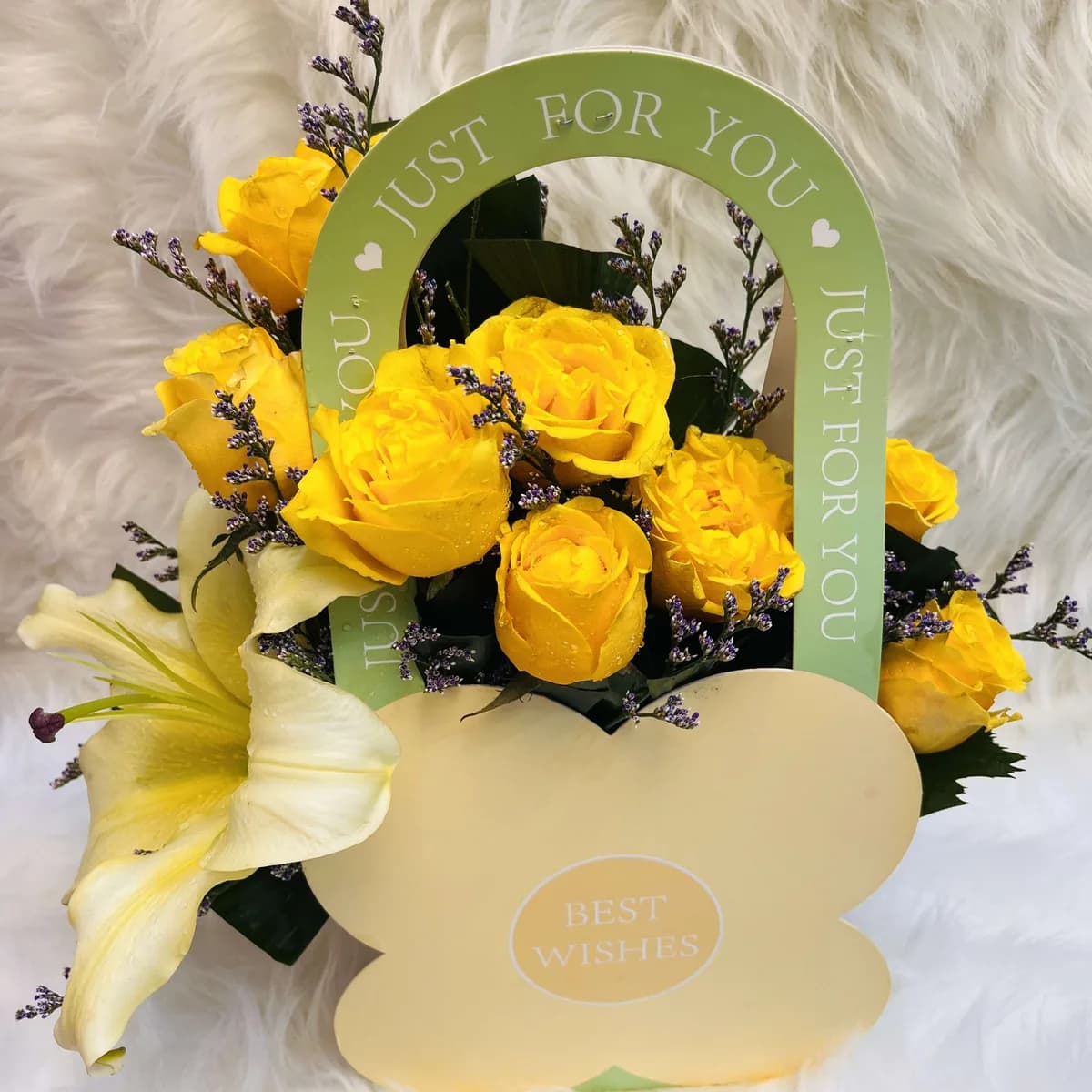 Yellow Lily & Rose Arrangement in Flower-Shaped Hanging Bag