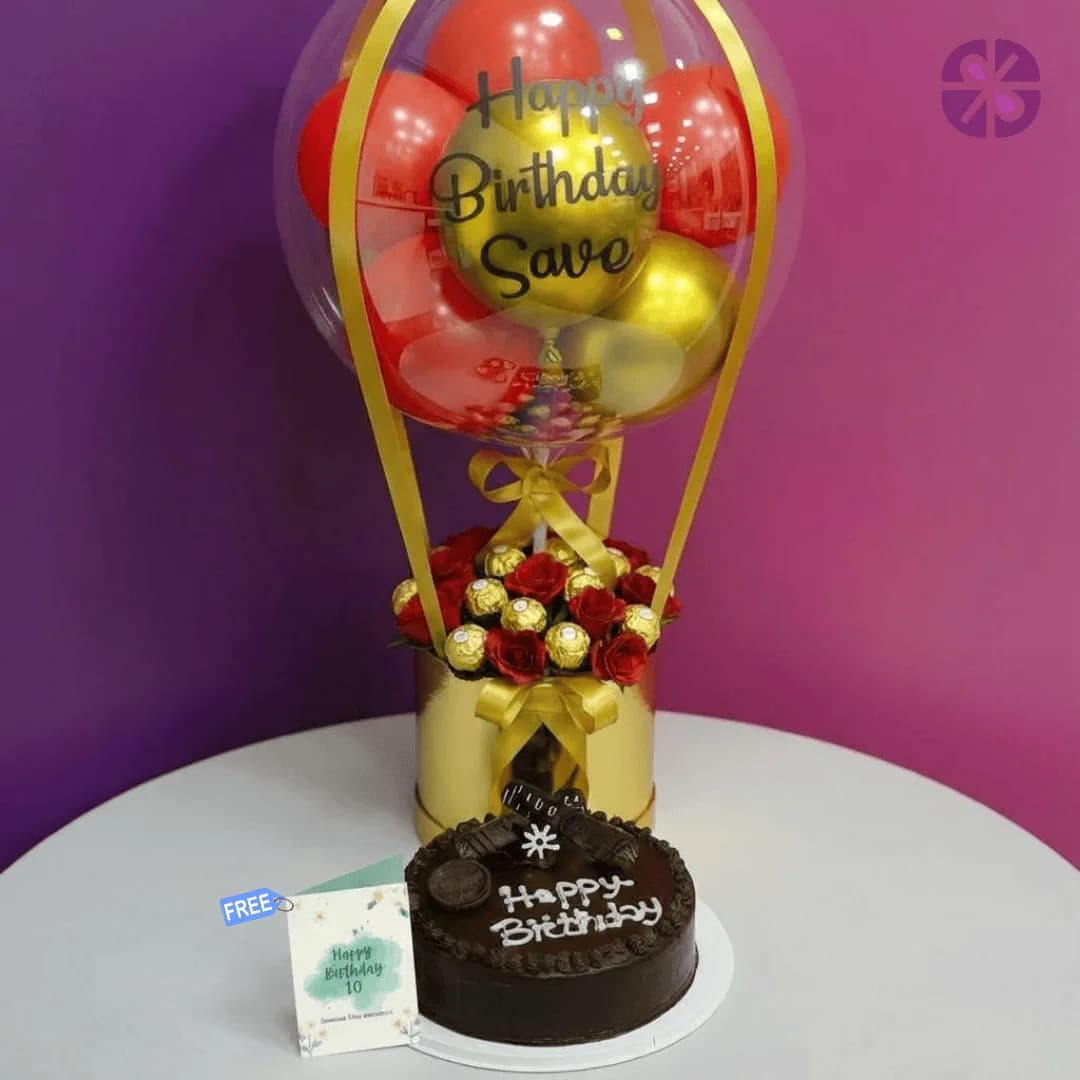 Golden Love Personalized Hot Air Balloon, Ferrero with Red Rose & Cake Combo