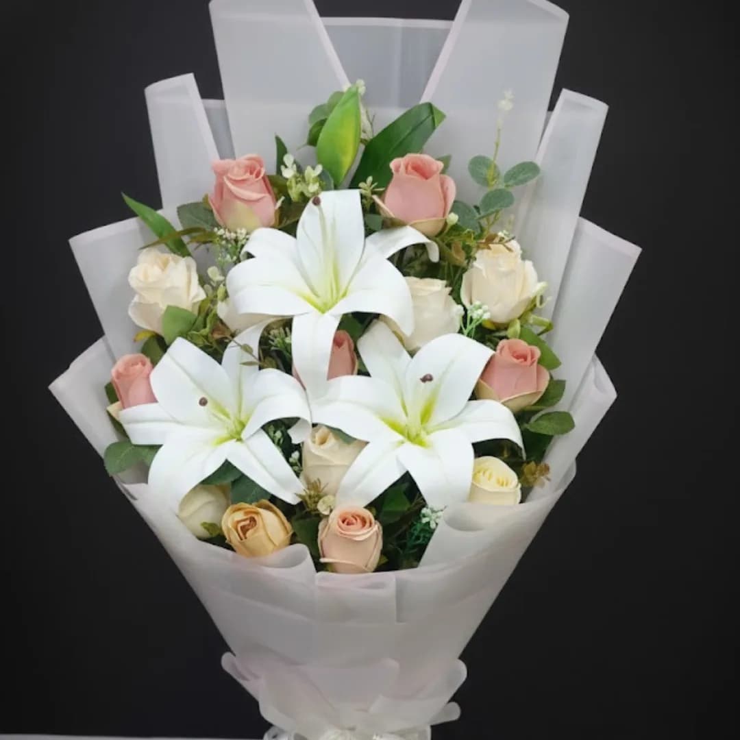 Classic Harmony Artificial White Lily and Pink Rose Stand Bouquet