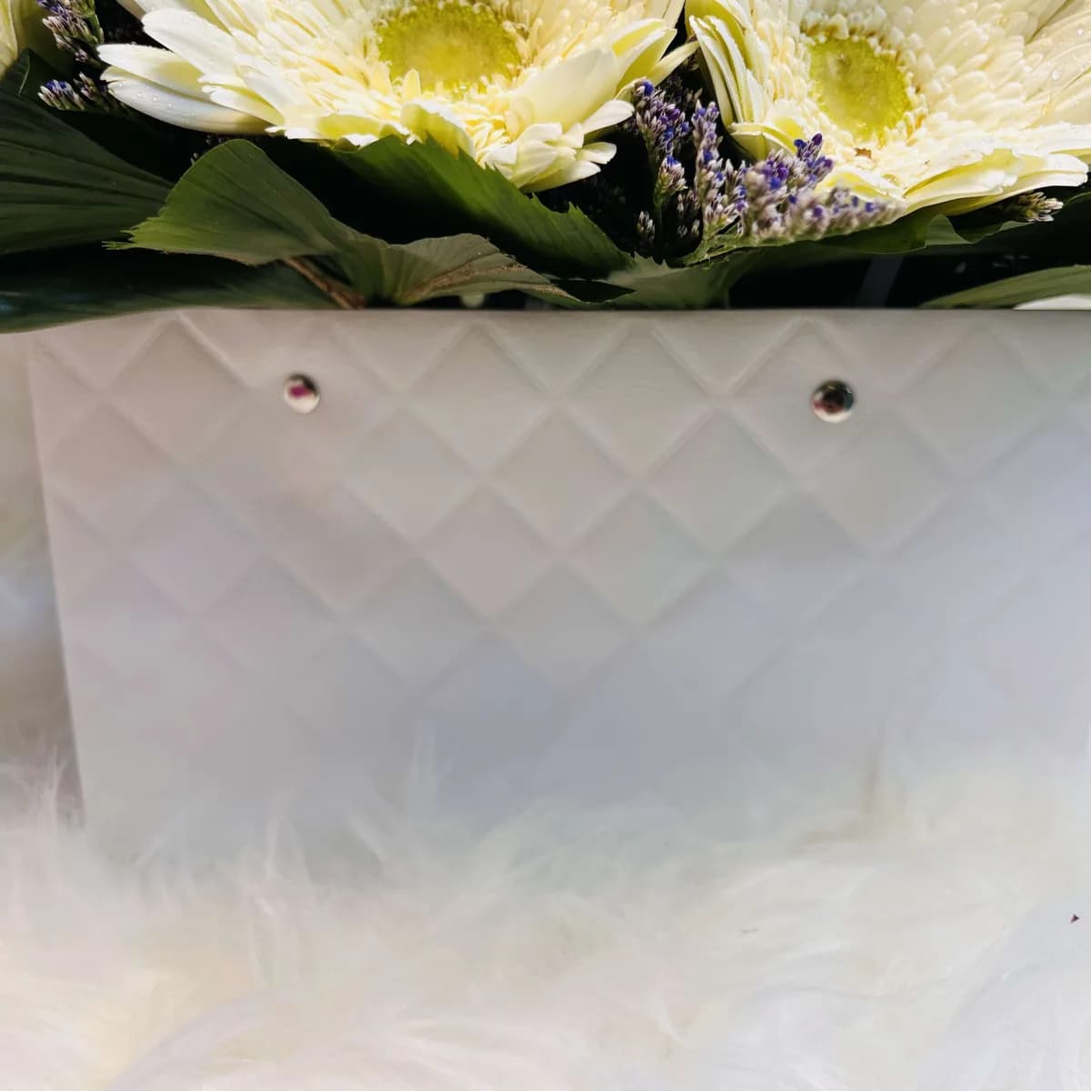 Red Rose, Yellow Lily & White Gerbera in Quilted White Gift Bag