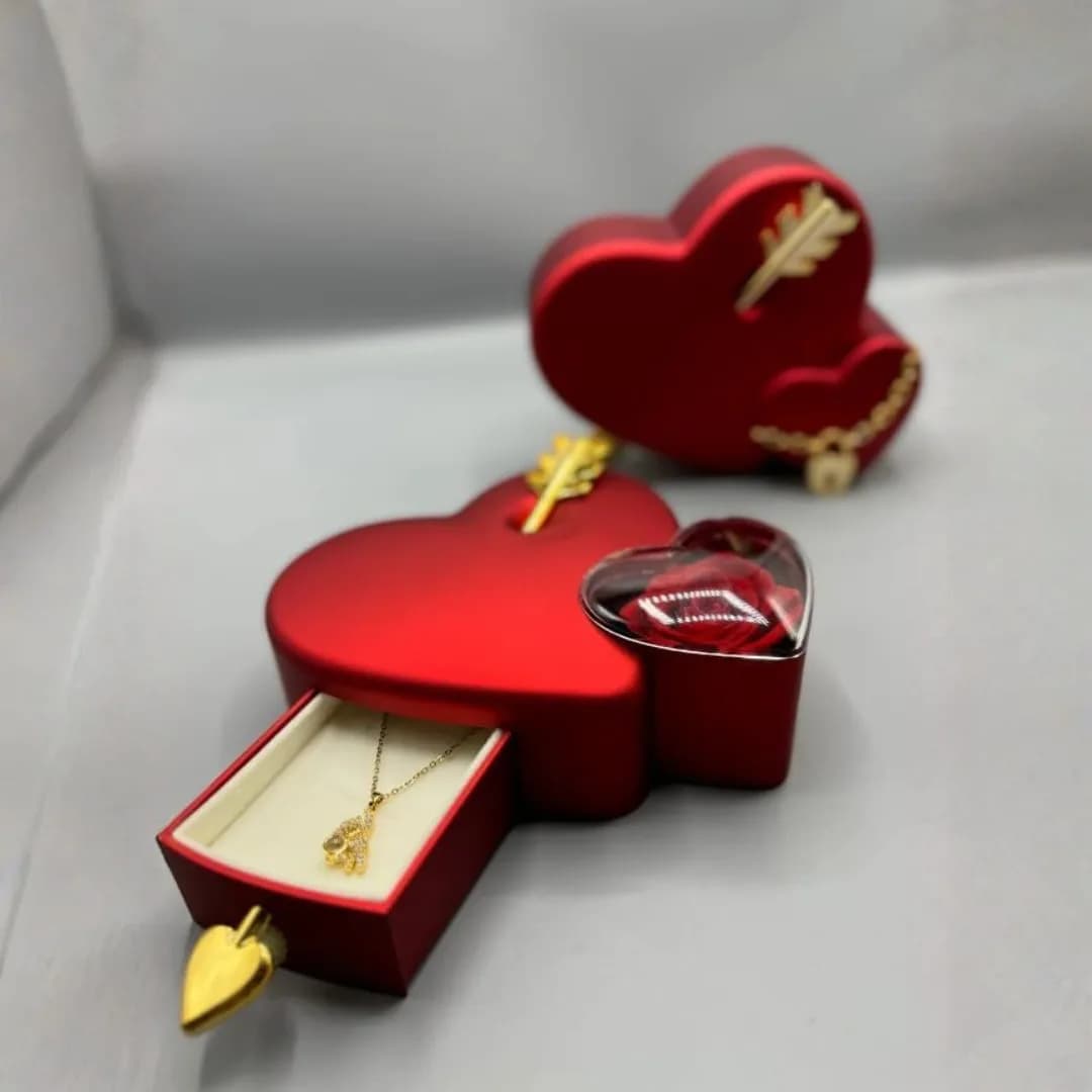 Luxury Red Heart Jewelry Gift Box with Arrow Design and Hidden Surprise Drawer