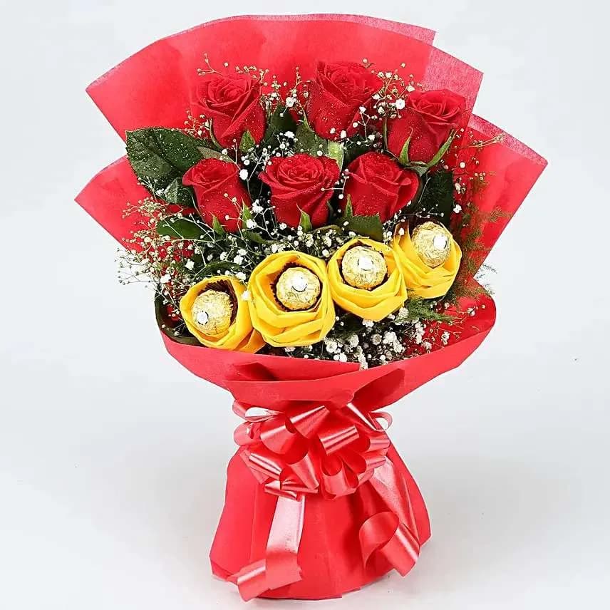 Red Rose & Ferrero Rocher Yellow Bloom Bouquet