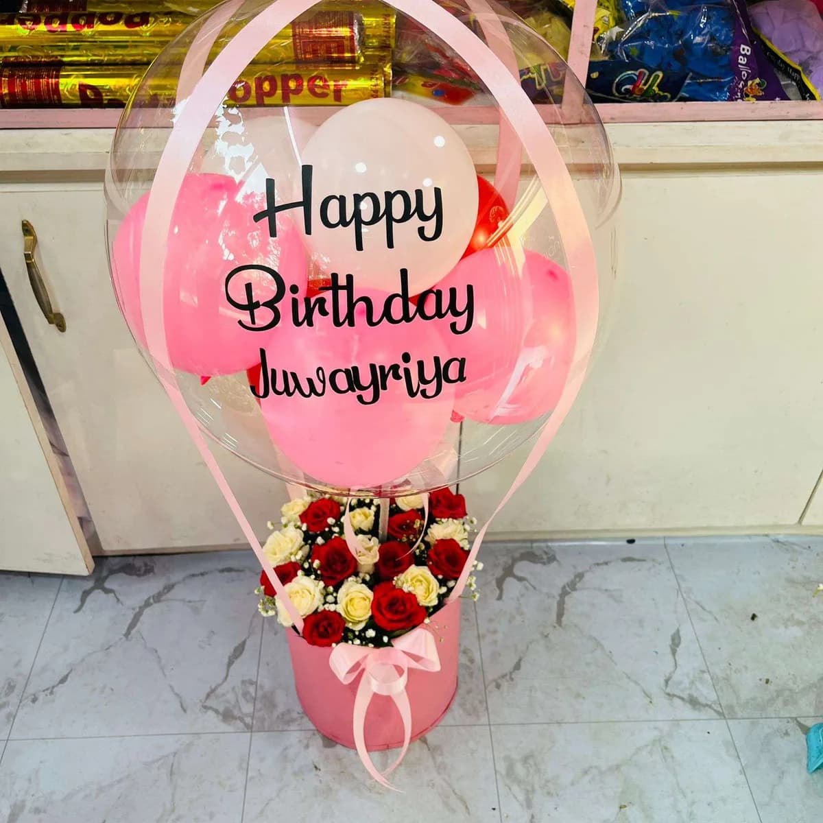 The Celebration Lift Personalized Balloon, Rose & Chocolate Bucket Combo