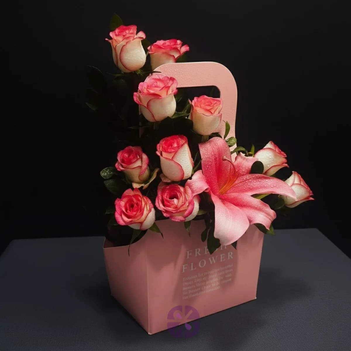 Charming Pink Flower Bag with Shaded Roses & Chinese Pink Lily