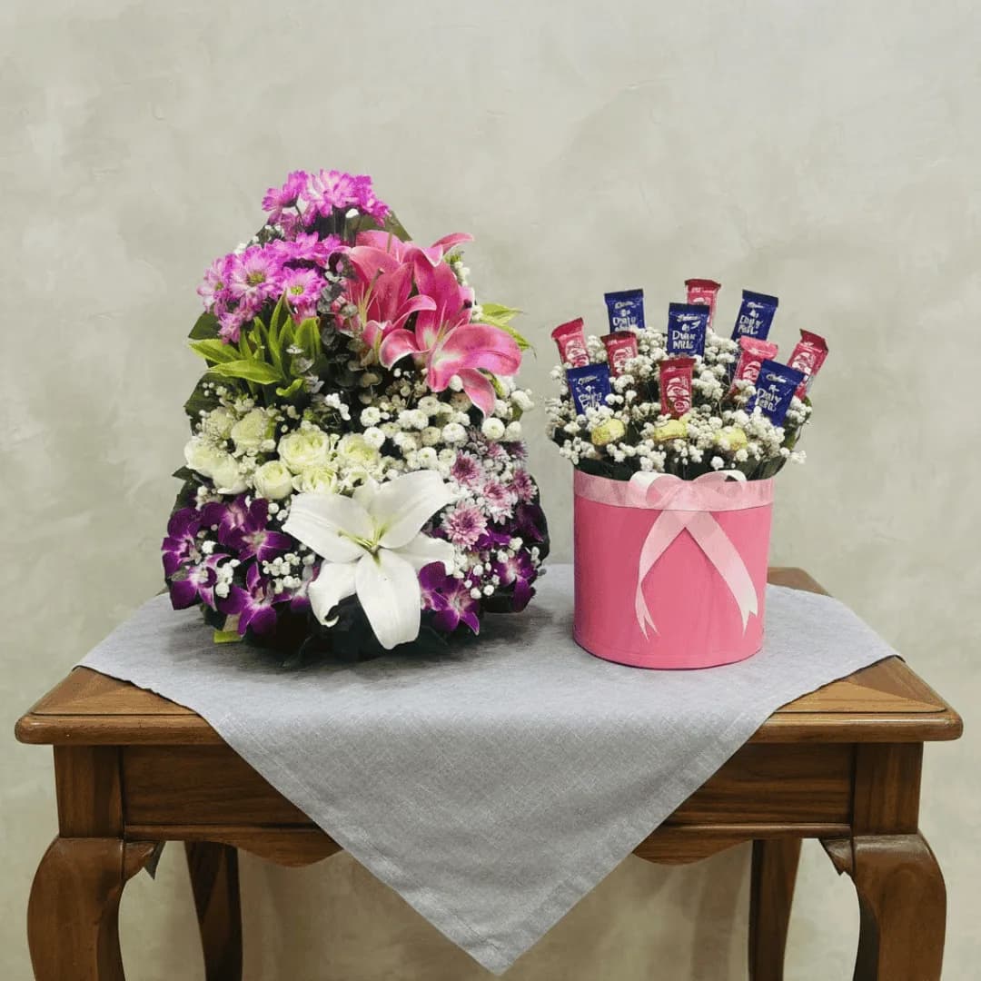 Elegant Harmony Premium Mixed Flower Basket & Round Pink Chocolate Box Combo