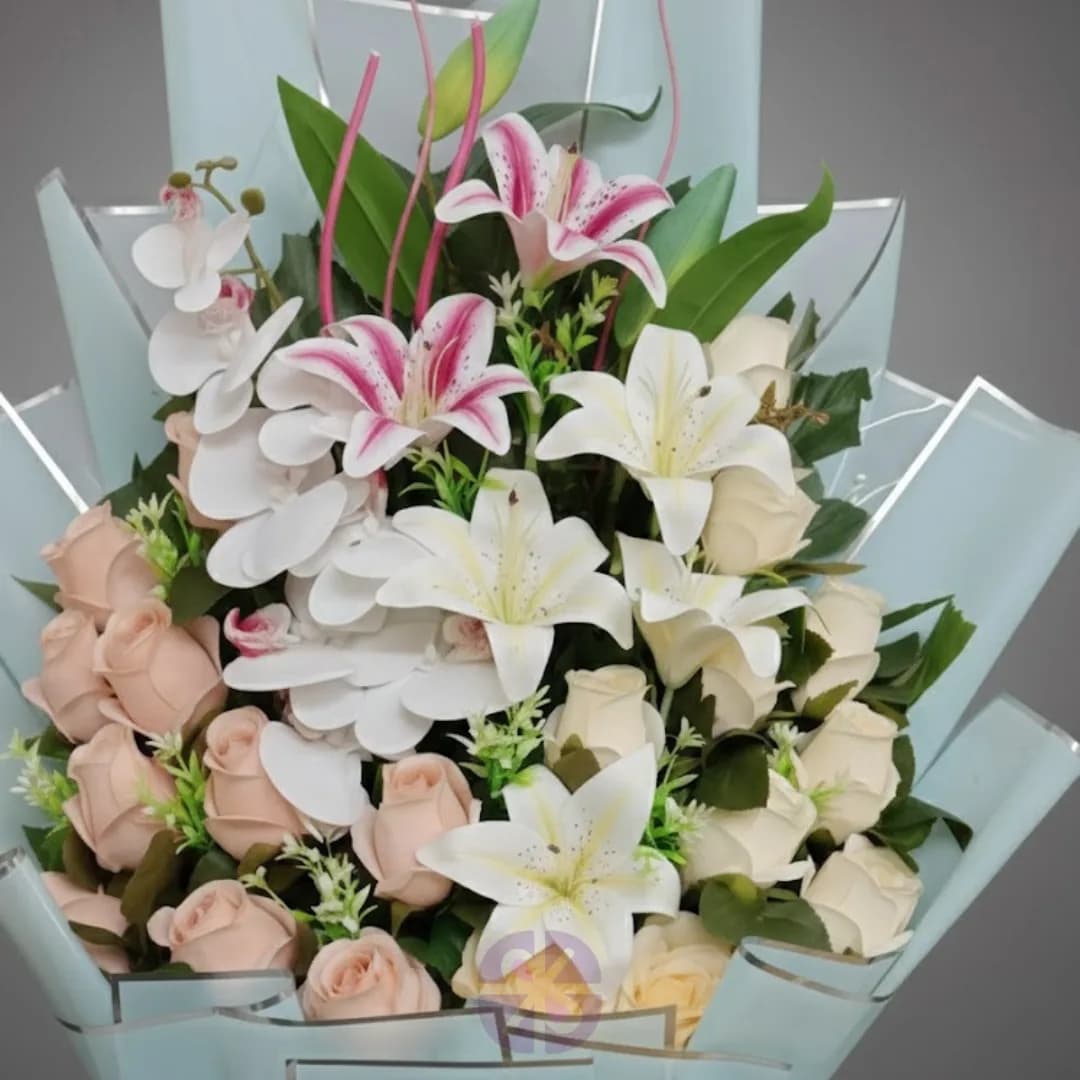 Eternal Elegance Artificial Lily, Rose & Orchid Stand Bouquet