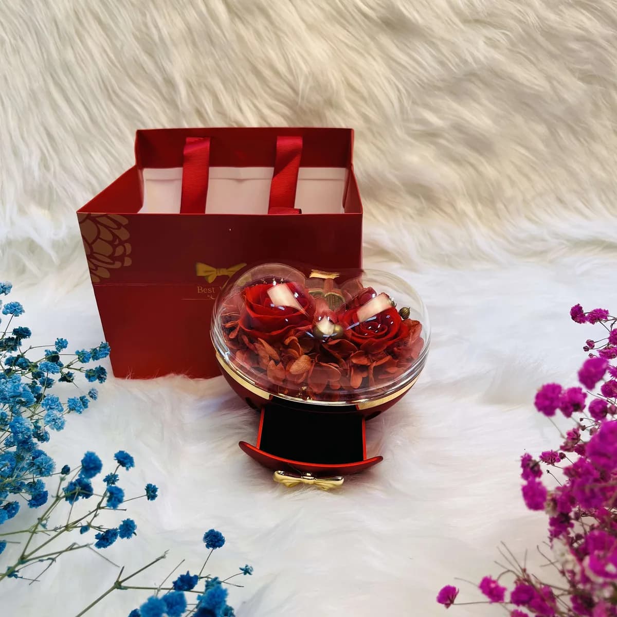 Heart-Shaped Jewelry Box with Preserved Dry Red Roses & Gift Bag