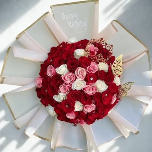 White & Pink Rose Bouquet with Crown & Butterfly