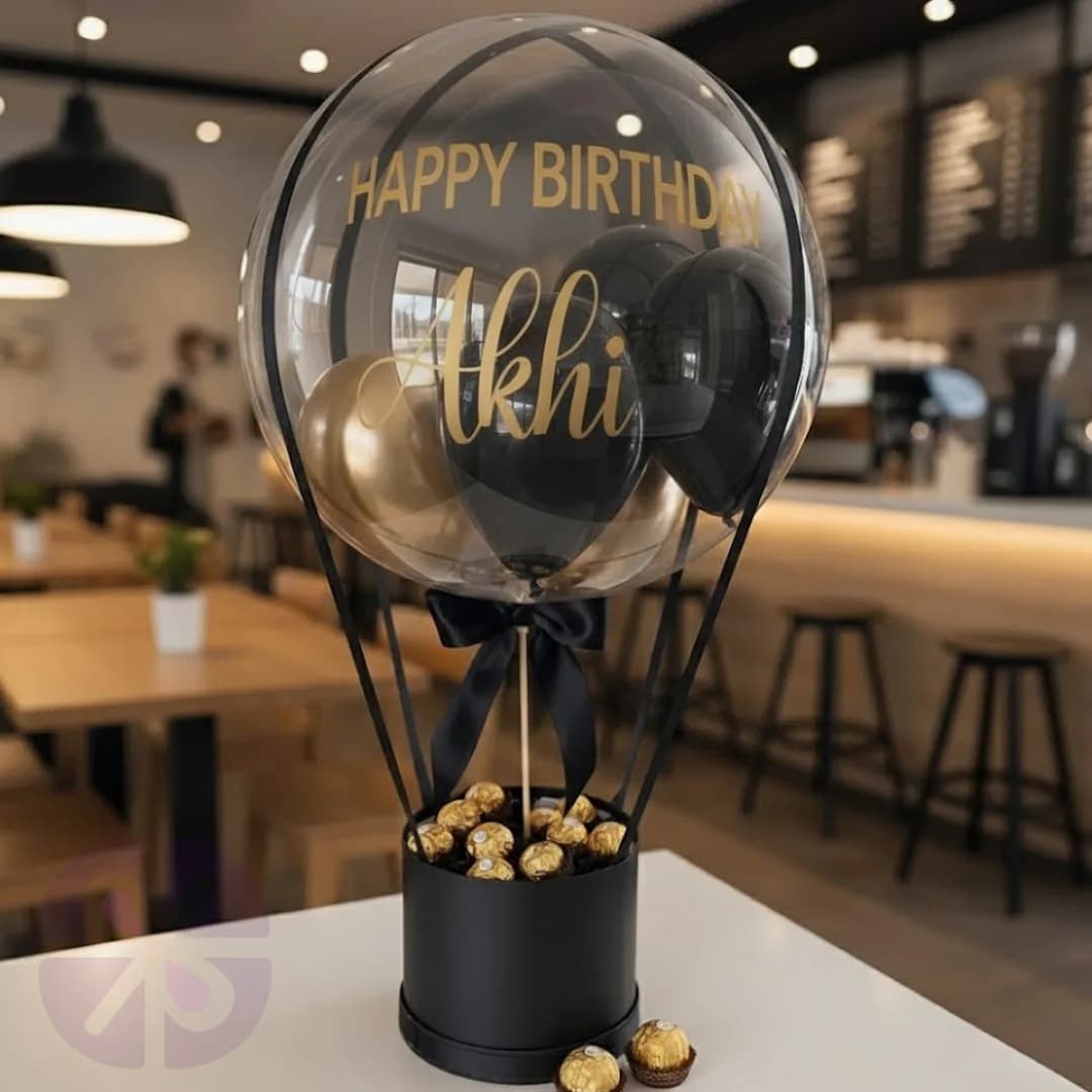 Black & Gold Mix Air Balloon Bouquet with Ferrero Rocher Chocolates