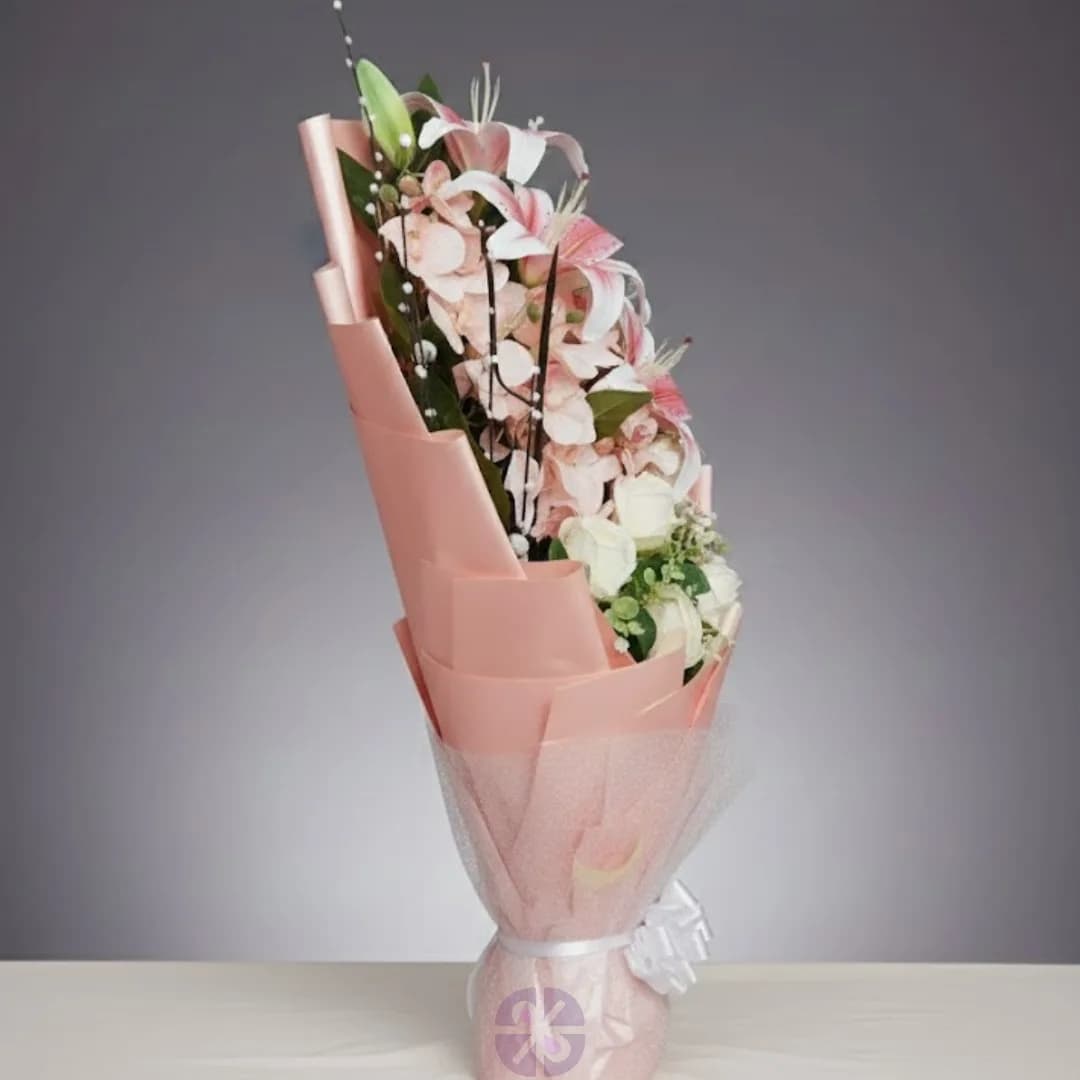 Artificial White Rose, Pink Lily & Orchid Stand Bouquet
