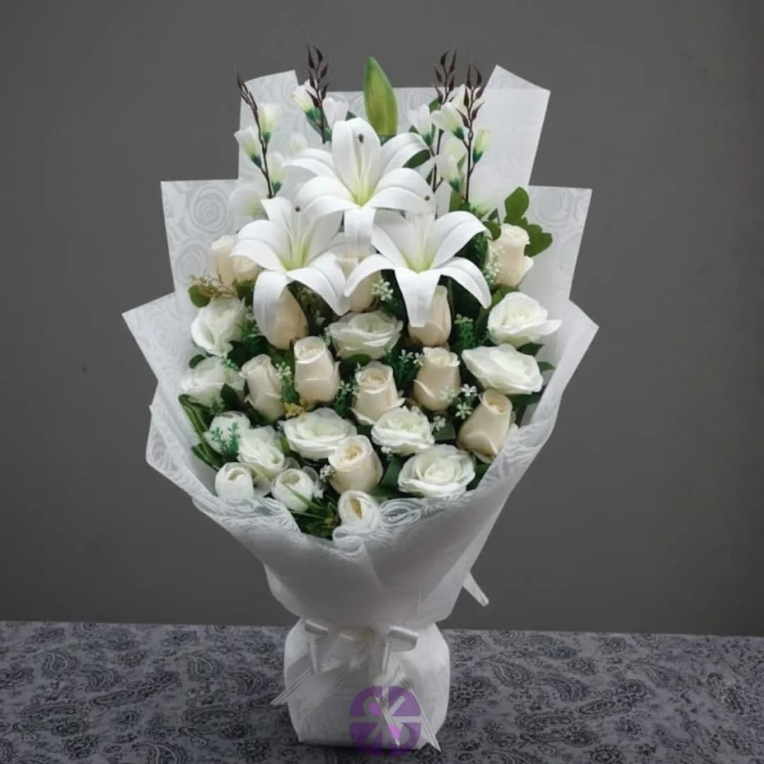 Gentle Affection Artificial White Lily and White Rose Stand Bouquet