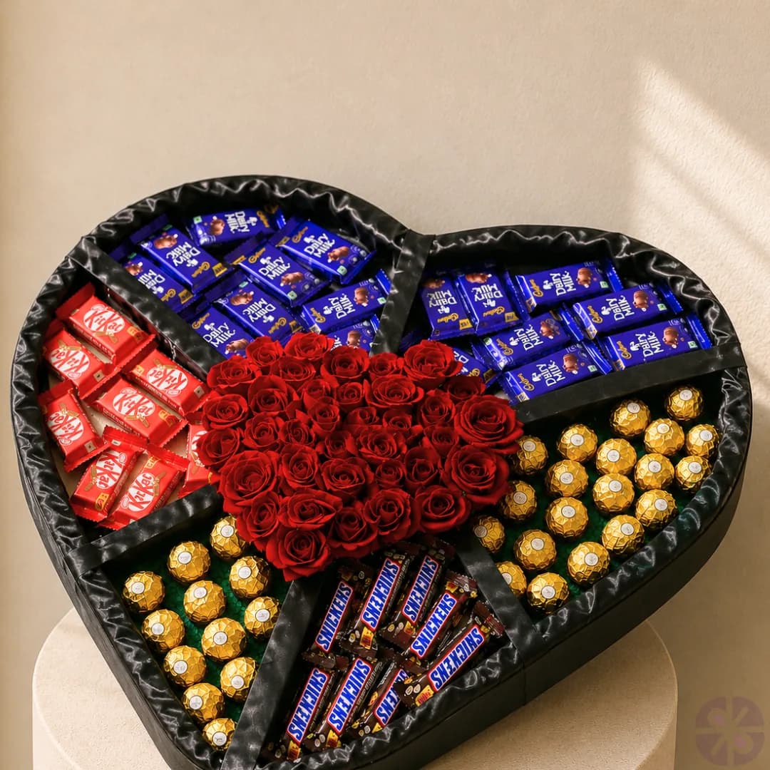Premium Red Rose & Mixed Chocolate Heart Shape Gift Box