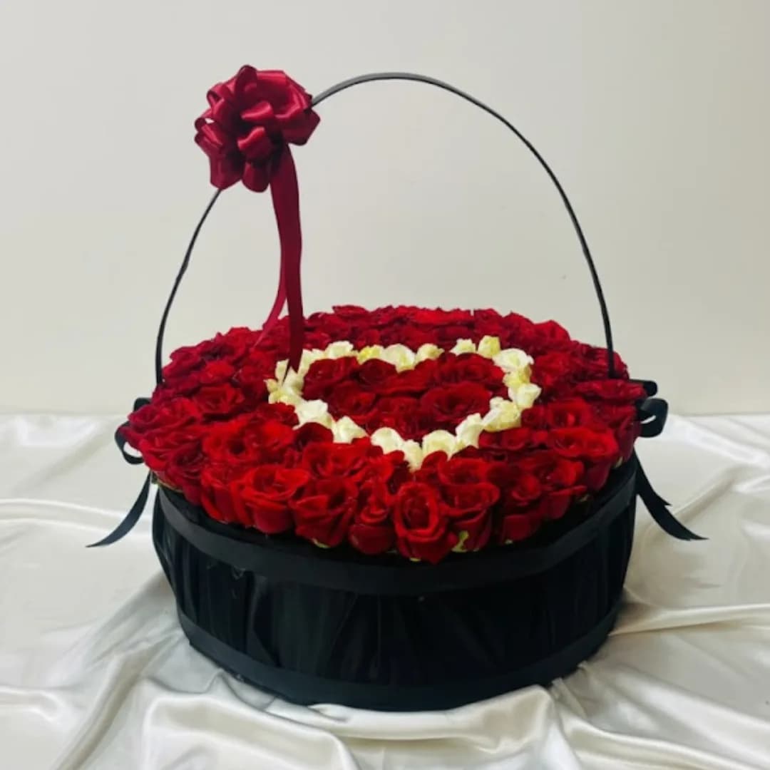 100 Premium Red Rose Heart Shape Black Basket Arrangement