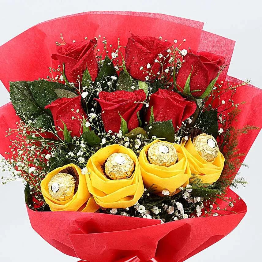 Red Rose & Ferrero Rocher Yellow Bloom Bouquet