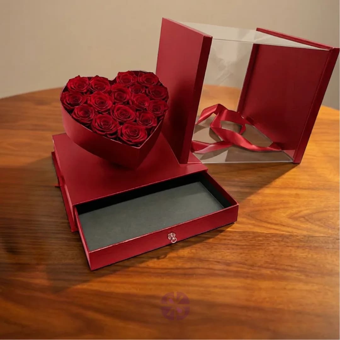 Luxury Transparent Acrylic Square Gift Box with Red Rose Heart and Hidden Drawer