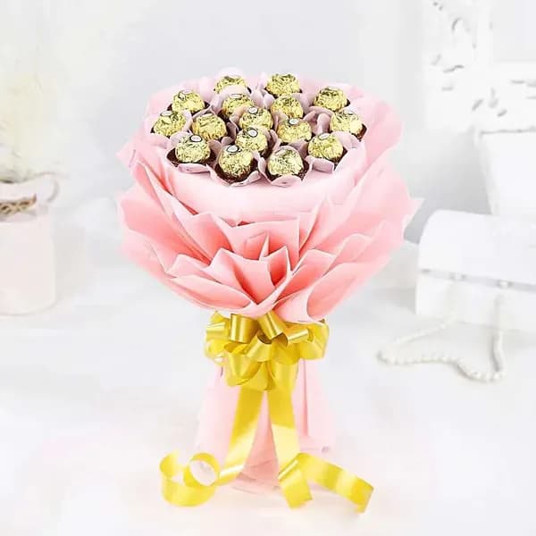 Blush Pink Ferrero Rocher Bouquet with Golden Bow – Luxury Chocolate Gift for Special Moments