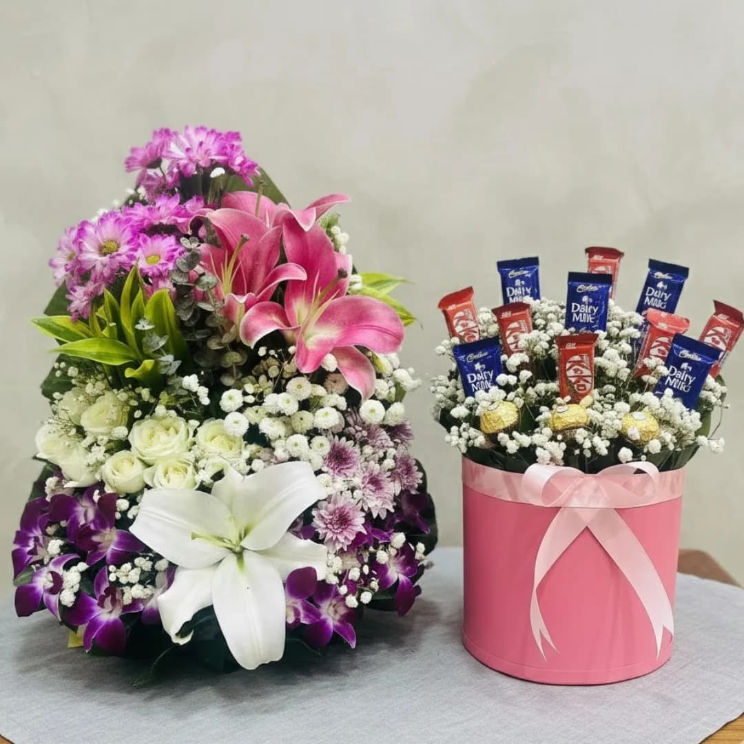 Elegant Harmony Premium Mixed Flower Basket & Round Pink Chocolate Box Combo