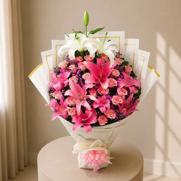 Elegant Pink & White Lily Stand Bouquet with Soft Pink Rose Accents