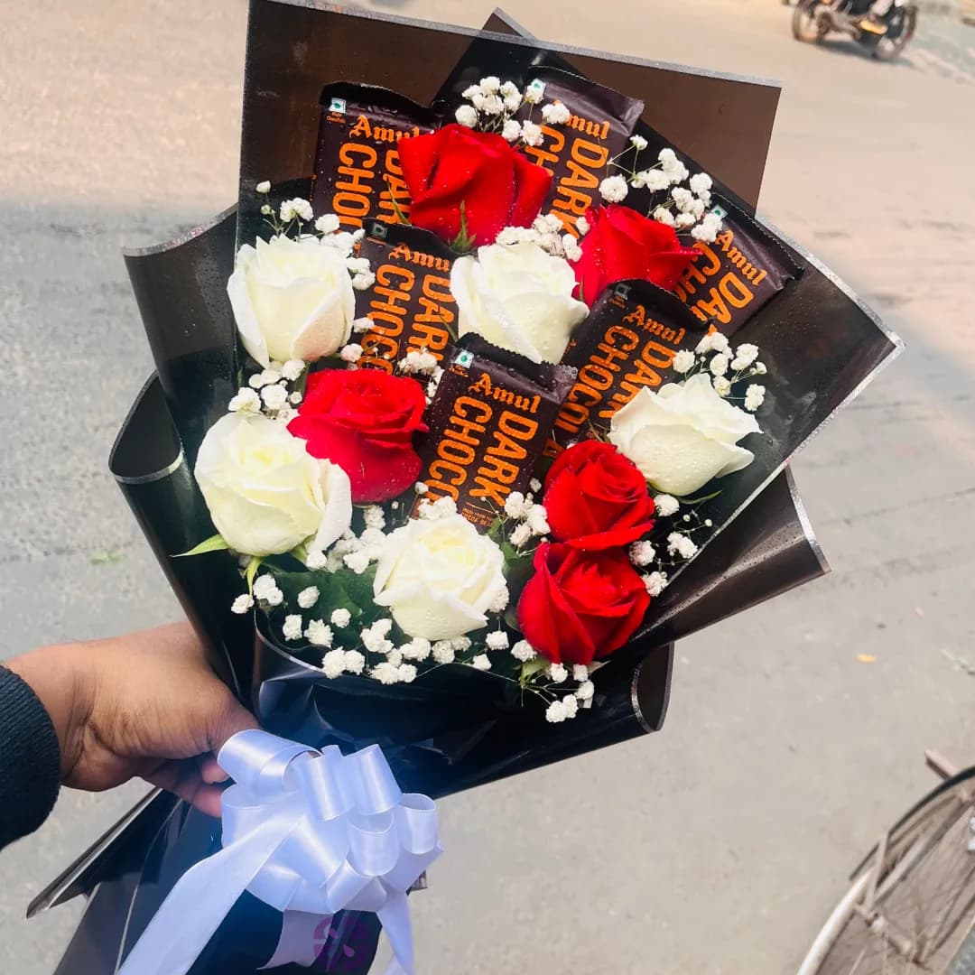 Premium 6 Amul Dark Chocolate and 10 Red & White Rose Fusion Bouquet