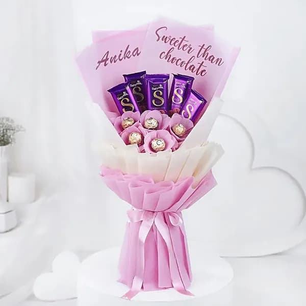 Personalized Pink Chocolate Bouquet with Ferrero Rocher & Dairy Milk Silk