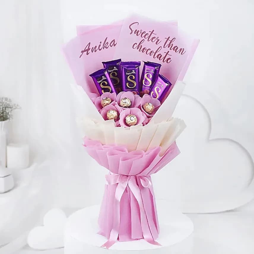 Personalized Pink Chocolate Bouquet with Ferrero Rocher & Dairy Milk Silk
