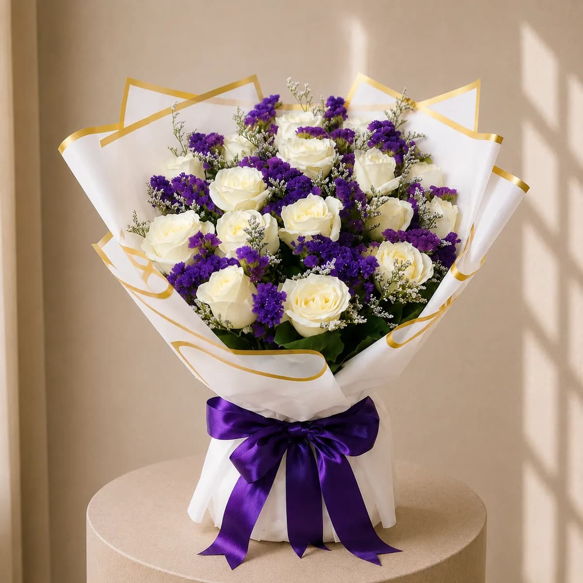 Royal Contrast White Rose & Purple Statice Bouquet ?