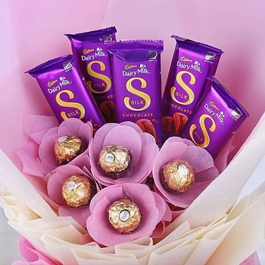 Personalized Pink Chocolate Bouquet with Ferrero Rocher & Dairy Milk Silk