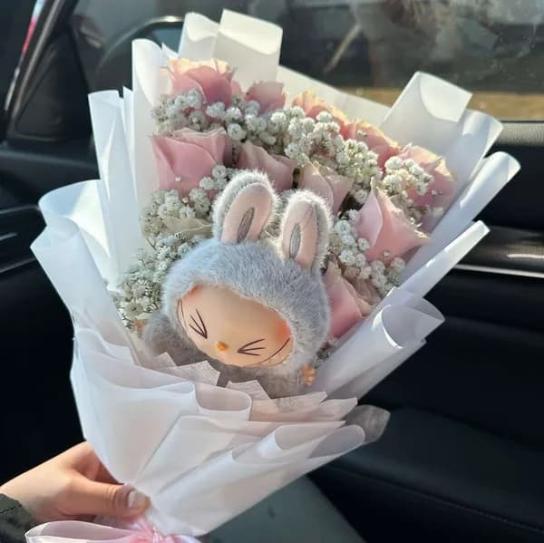 Cute Pink Rose Bouquet with Baby Bunny Plush