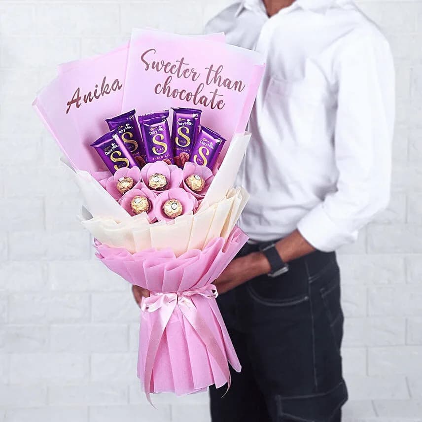 Personalized Pink Chocolate Bouquet with Ferrero Rocher & Dairy Milk Silk