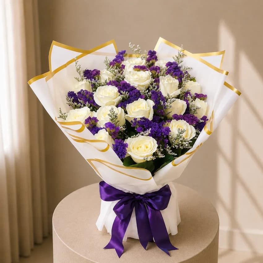 Royal Contrast White Rose & Purple Statice Bouquet ?